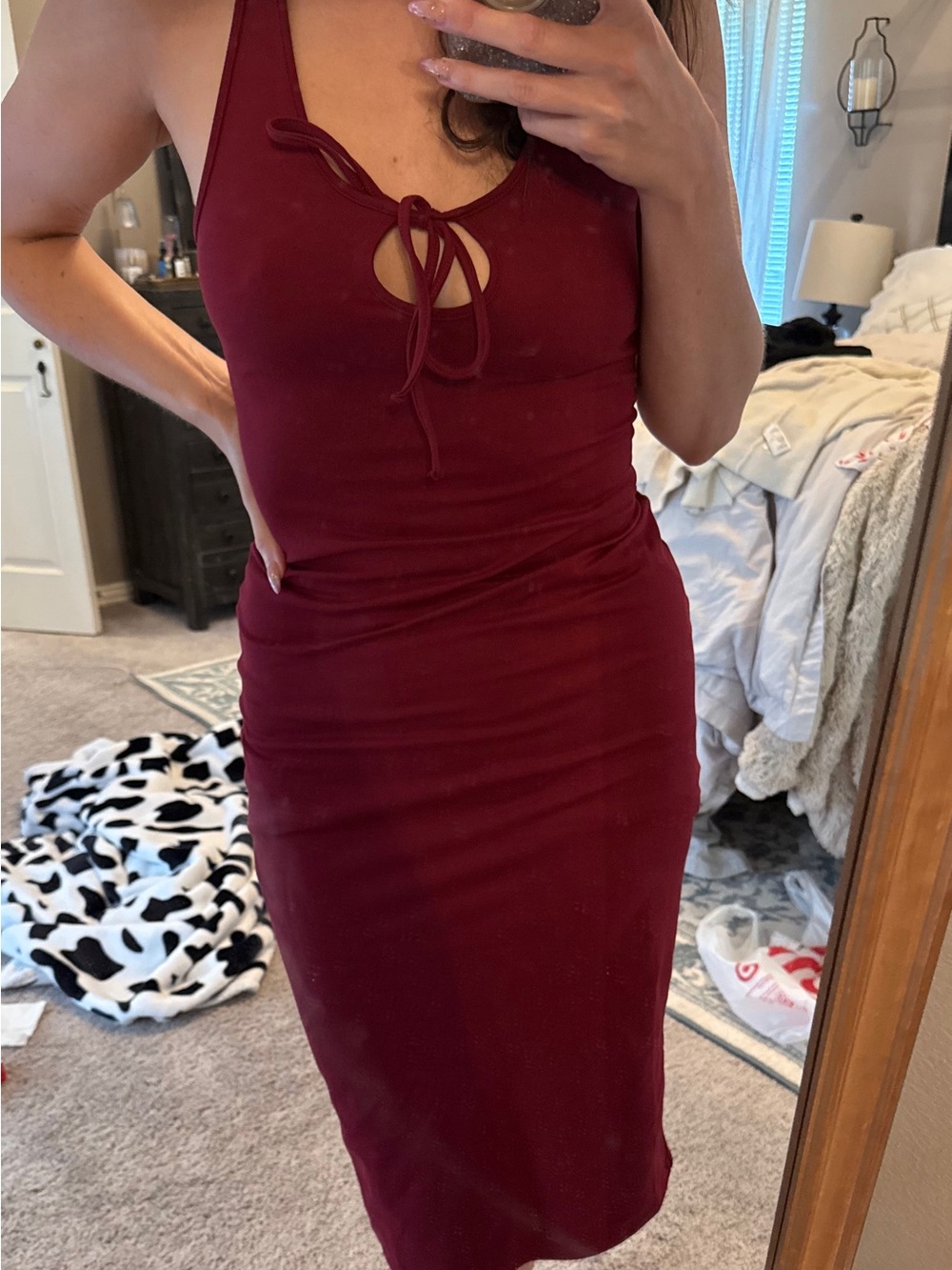 Women’s Burgundy Tie-Front Midi Dress